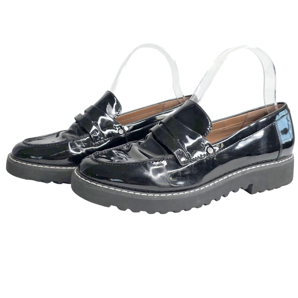 Franco Sarto Black Patent Chunky Lug Sole Penny Loafers Platform Size 7 Slip On